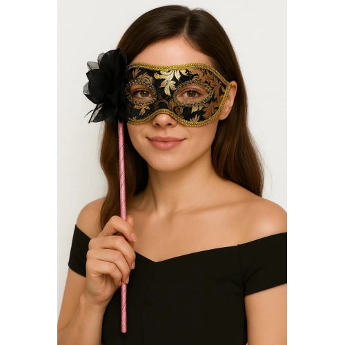 Lüks Taşlı Saplı Maskeli Balo Maskesi Siyah Renk 35 cm (5365)