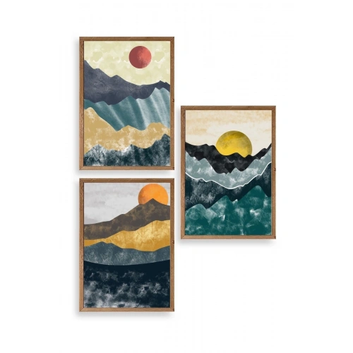 Manzara Üçlü Ahşap Çerçeveli Tablo 30 x 42