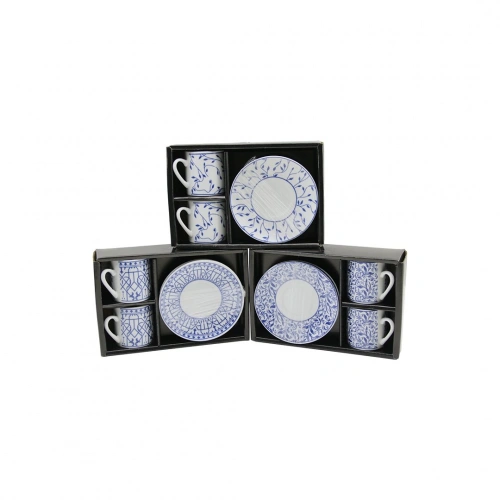 MAVİ - BEYAZ 4PCS=2-TAKIM  PORSELEN KAHVE FİNCANI  ÇİÇEK - ÇİZGİ - NOKTA MİX DESEN (5365)