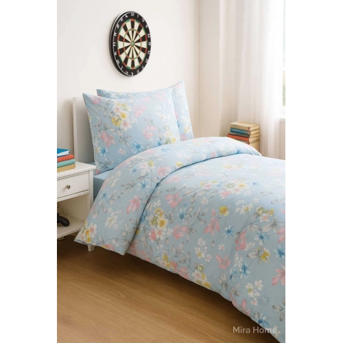 Mavi Çiçek Desenli Pamuklu Tek Kişilik Nevresim Takım