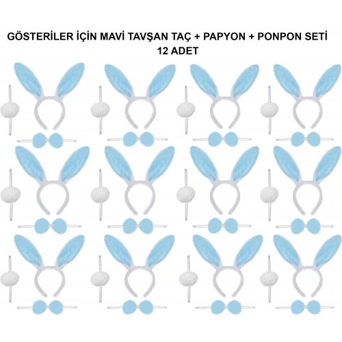 Mavi Tavşan Kostüm Seti – Taç, Papyon, Ponpon (12’li Paket) (5365)