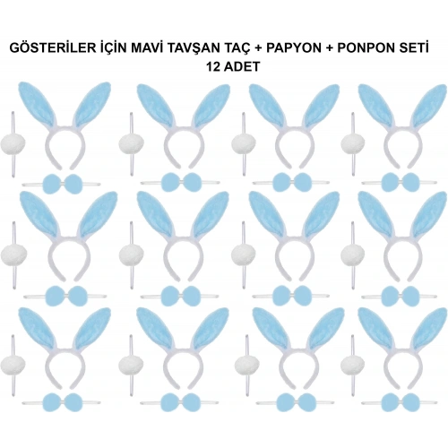 Mavi Tavşan Kostüm Seti – Taç, Papyon, Ponpon (12’li Paket) (5365)