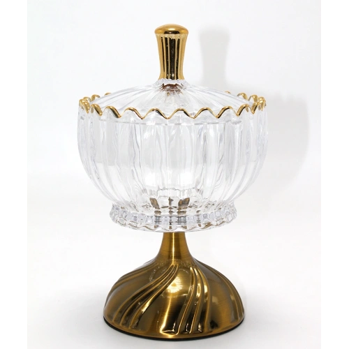 Metal Ayaklı Kristal Cam Şekerlik Gold Detaylı Sunumluk