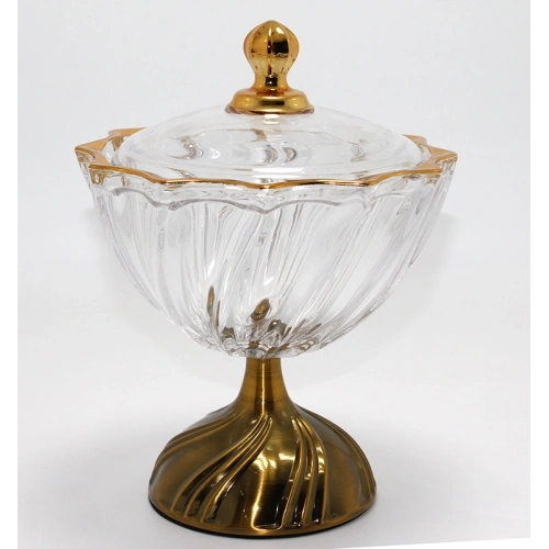 Metal Ayaklı Kristal Cam Şekerlik Gold Detaylı Sunumluk