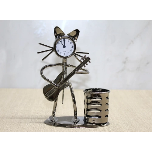 Metal Gitar Çalan Müzisyen Kedi Saat Ve Kalemlik