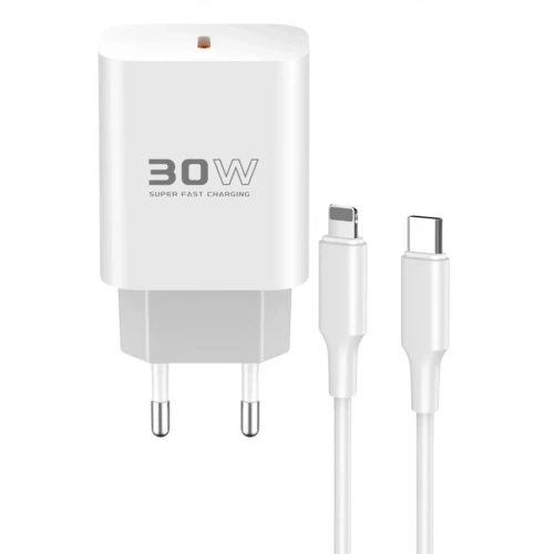 Mey İthalat®  C87C 30W Type-C Çıkışlı Ekstra DL50 1M Type-C to Lightning Kablolu PD Şarj Cihazı - Beyaz