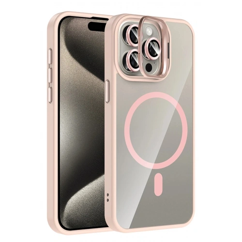 Durukar®   iPhone 15 Pro Max Remim Lensli Magsafe Standlı Kapak - Pembe