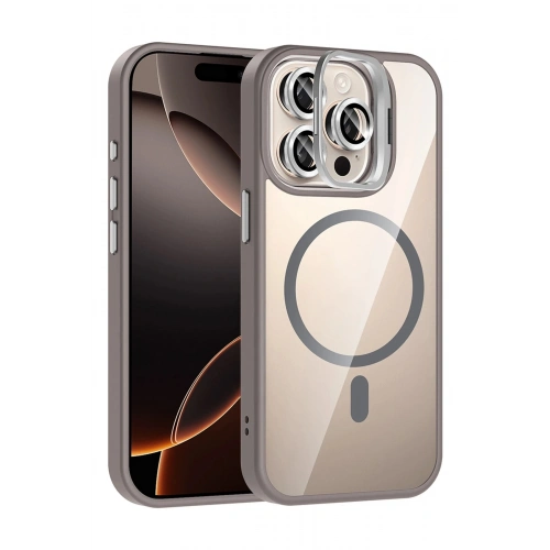 Durukar®   iPhone 15 Pro Max Remim Lensli Magsafe Standlı Kapak - Titan Gri