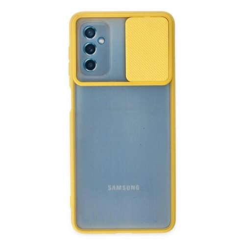 Durukar®  Samsung Galaxy M52 5G Kılıf Palm Buzlu Kamera Sürgülü Silikon - Sarı