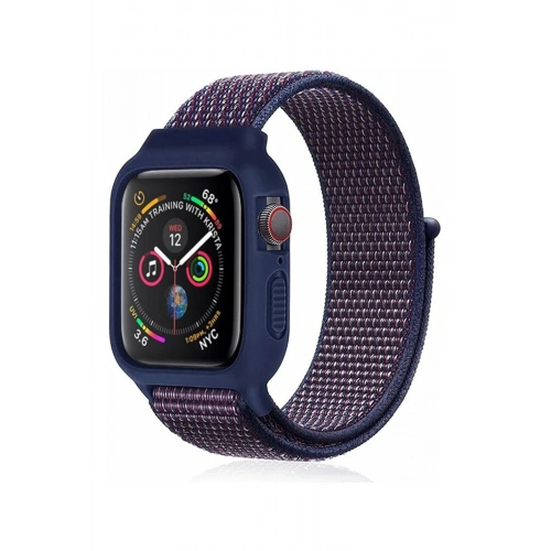 Durukar®   Watch 38mm Hasırlı Cırtcırtlı Kasalı Kordon - Lacivert-Mürdüm