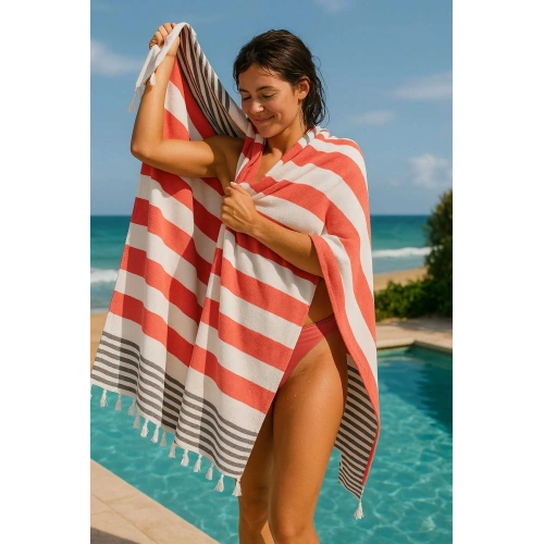 Mimoza Unisex Peştemal Plaj Havlusu 100x180 Cm %100 Pamuklu Soft Kırmızı-Siyah
