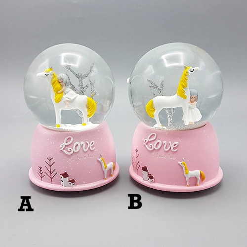 Mini Pembe Kar Küresi - Sevimli Unicorn ve Kız Tasarımlı - Işıklı