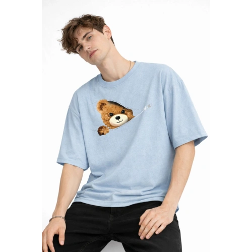 MN - Bear Baskılı Oversize Tişört AÇIK MAVİ