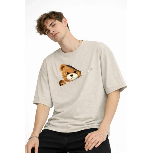 MN - Bear Baskılı Oversize Tişört BEJ