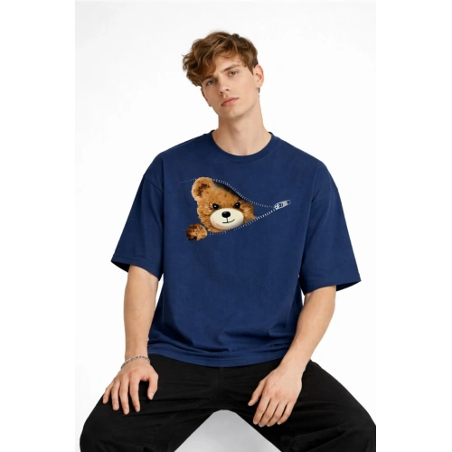 MN - Bear Baskılı Oversize Tişört LACIVERT