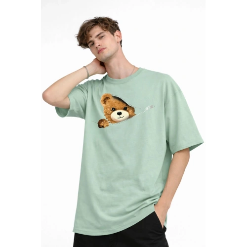 MN - Bear Baskılı Oversize Tişört SU YESILI