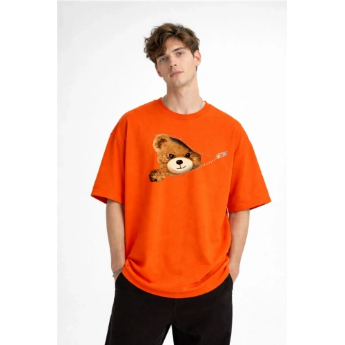 MN - Bear Baskılı Oversize Tişört TURUNCU
