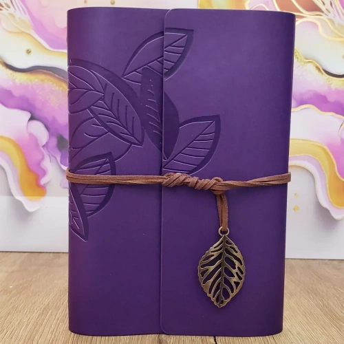 Mor Yaprak Desenli Deri Defter 75 Yapraklı Ajanda