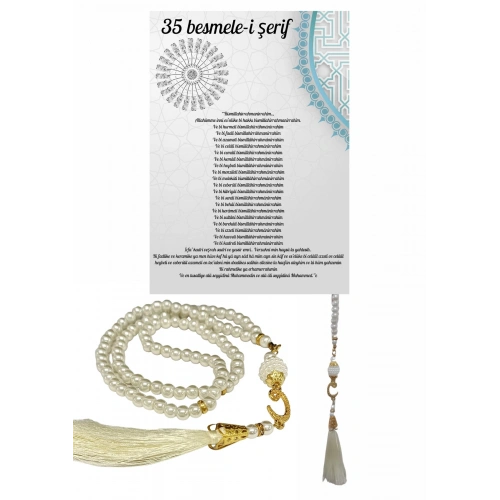 Namaz Tesbihi Vavlı 99lu Cam İncili 35 Besmele-i Şerif Dua Kartı İle Krem Renk Hediyelik