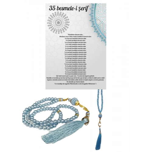 Namaz Tesbihi Vavlı 99lu Cam İncili 35 Besmele-i Şerif Dua Kartı İle Mavi Renk Hediyelik