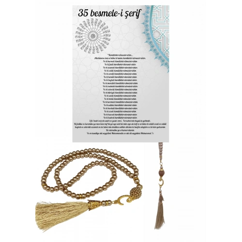 Namaz Tesbihi Vavlı 99lu Cam İncili 35 Besmele-i Şerif Dua Kartı İle Süt Kahve Renk Hediyelik