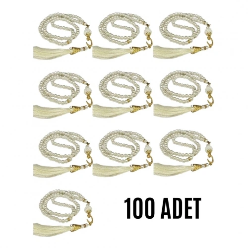 Namaz Tesbihi Vavlı 99lu Cam İncili Amenerrasulü Dua Kartı İle Krem Renk Hediyelik 100 Adet