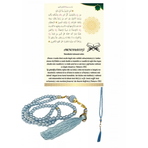 Namaz Tesbihi Vavlı 99lu Cam İncili Amenerrasulü Dua Kartı İle Mavi Renk Hediyelik