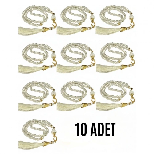 Namaz Tesbihi Vavlı 99lu Cam İncili İsmi Azam Dua Kartı İle Krem Renk Hediyelik 10 Adet