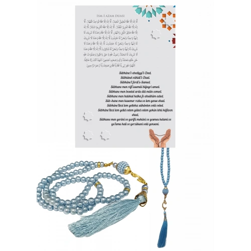 Namaz Tesbihi Vavlı 99lu Cam İncili İsmi Azam Dua Kartı İle Mavi Renk Hediyelik
