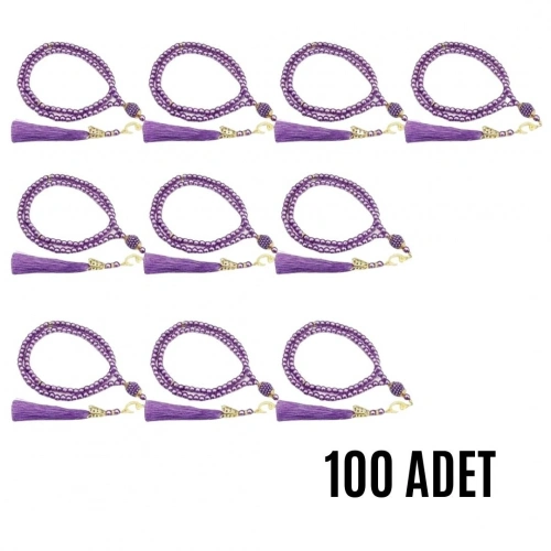 Namaz Tesbihi Vavlı 99lu Cam İncili İsmi Azam Dua Kartı İle Mor Renk Hediyelik 100 Adet