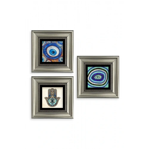 Nazar 3 lü Set Çerçeveli Taş Tablo 20 cm