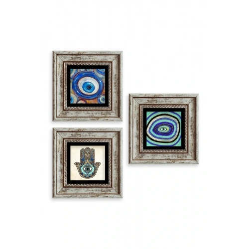 Nazar 3 lü Set Çerçeveli Taş Tablo 20 cm