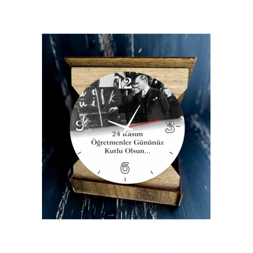 Öğretmenler Günü Atatürk Resimli Ahşap Dekor I Karikatürlü Masa Saati
