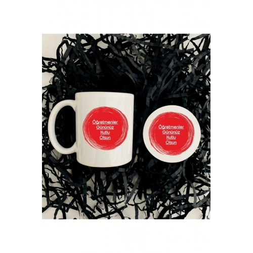 Öğretmenler Günü Kupa ve Ahşap Bardak Altlığı Seti -Kırmızı