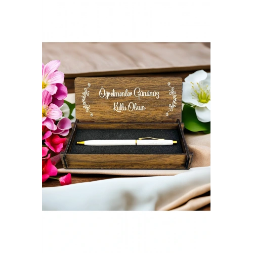 Öğretmenler Günü Tasarımlı Ahşap Kalem Kutusu - Bej