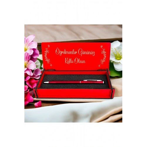 Öğretmenler Günü Tasarımlı Ahşap Kalem Kutusu - Kırmızı