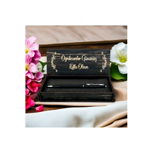Öğretmenler Günü Tasarımlı Ahşap Kalem Kutusu - Siyah