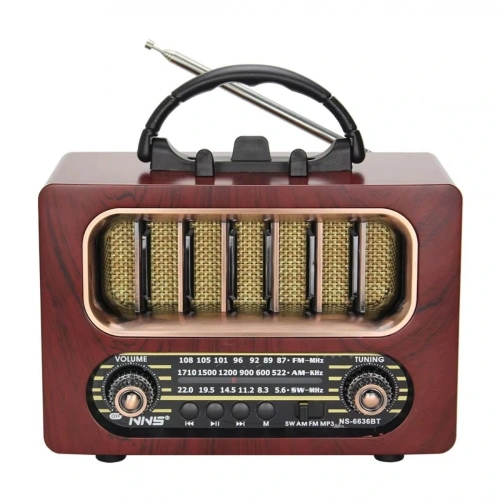 Orta Boy Retro Ahşap Tasarım Bluetooth Hoparlörlü Radyo – FM/AM Destekli, Şarjlı ve Taşınabiliri Radyo NS-6636 (5365)