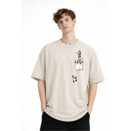 Panda - Baskılı Oversize Tişört BEJ
