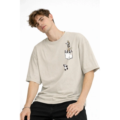 Panda - Baskılı Oversize Tişört BEJ