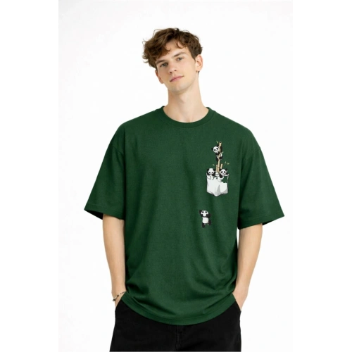 Panda - Baskılı Oversize Tişört HAKI