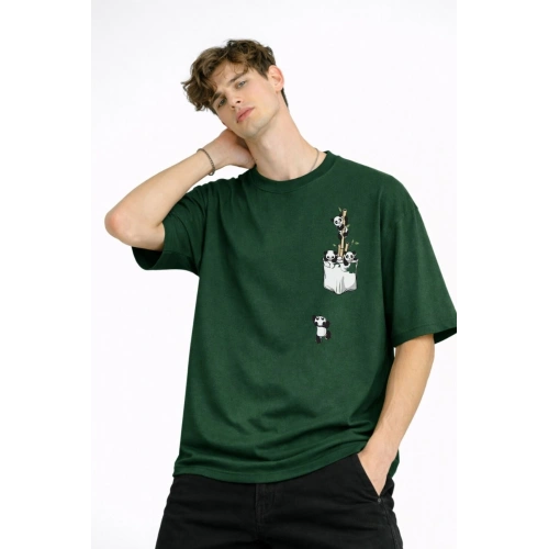 Panda - Baskılı Oversize Tişört HAKI