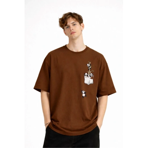 Panda - Baskılı Oversize Tişört KAHVE