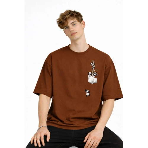 Panda - Baskılı Oversize Tişört KAHVE