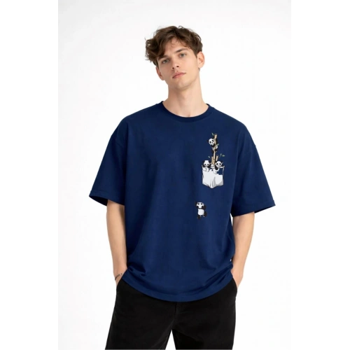 Panda - Baskılı Oversize Tişört LACIVERT