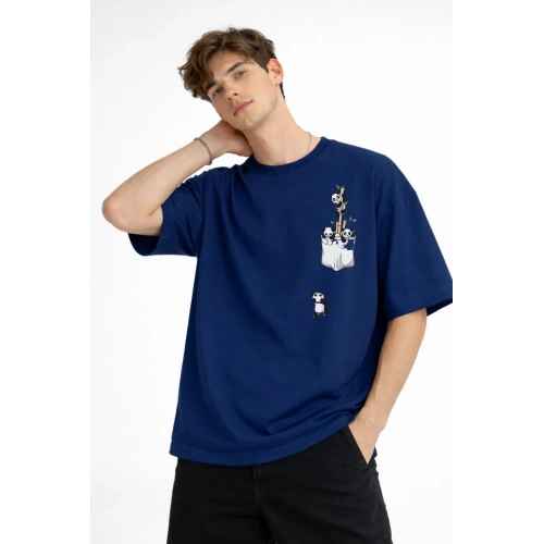 Panda - Baskılı Oversize Tişört LACIVERT
