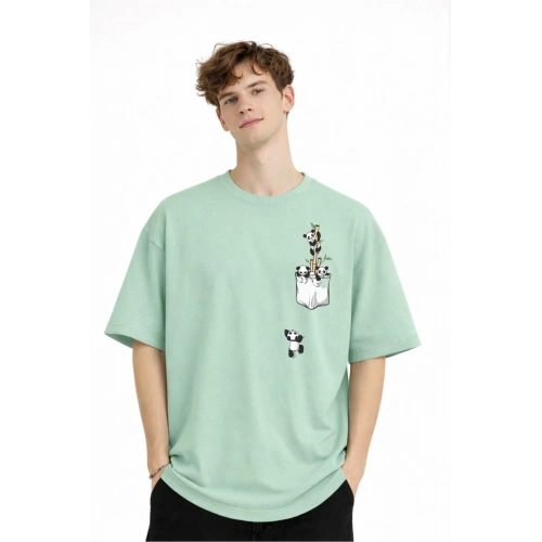 Panda - Baskılı Oversize Tişört SU YESILI