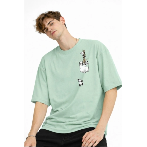 Panda - Baskılı Oversize Tişört SU YESILI
