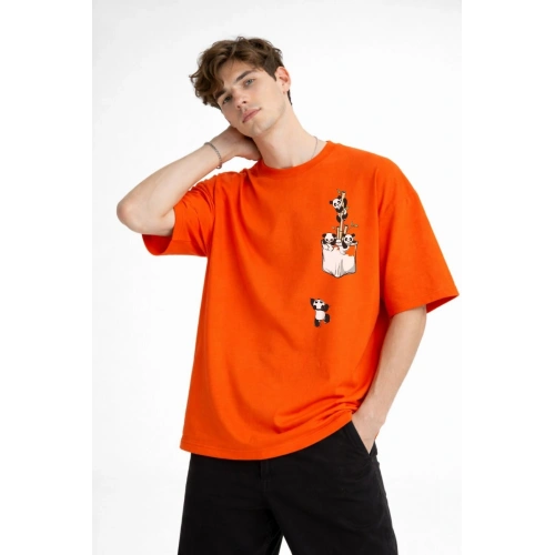Panda - Baskılı Oversize Tişört TURUNCU