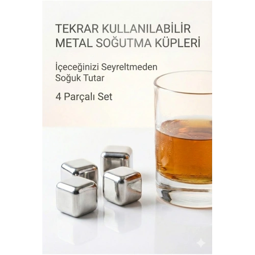 Paslanmaz Çelik Buz Küpü 4’lü Set – İçeceği Sulandırmadan Soğutucu Metal Taş